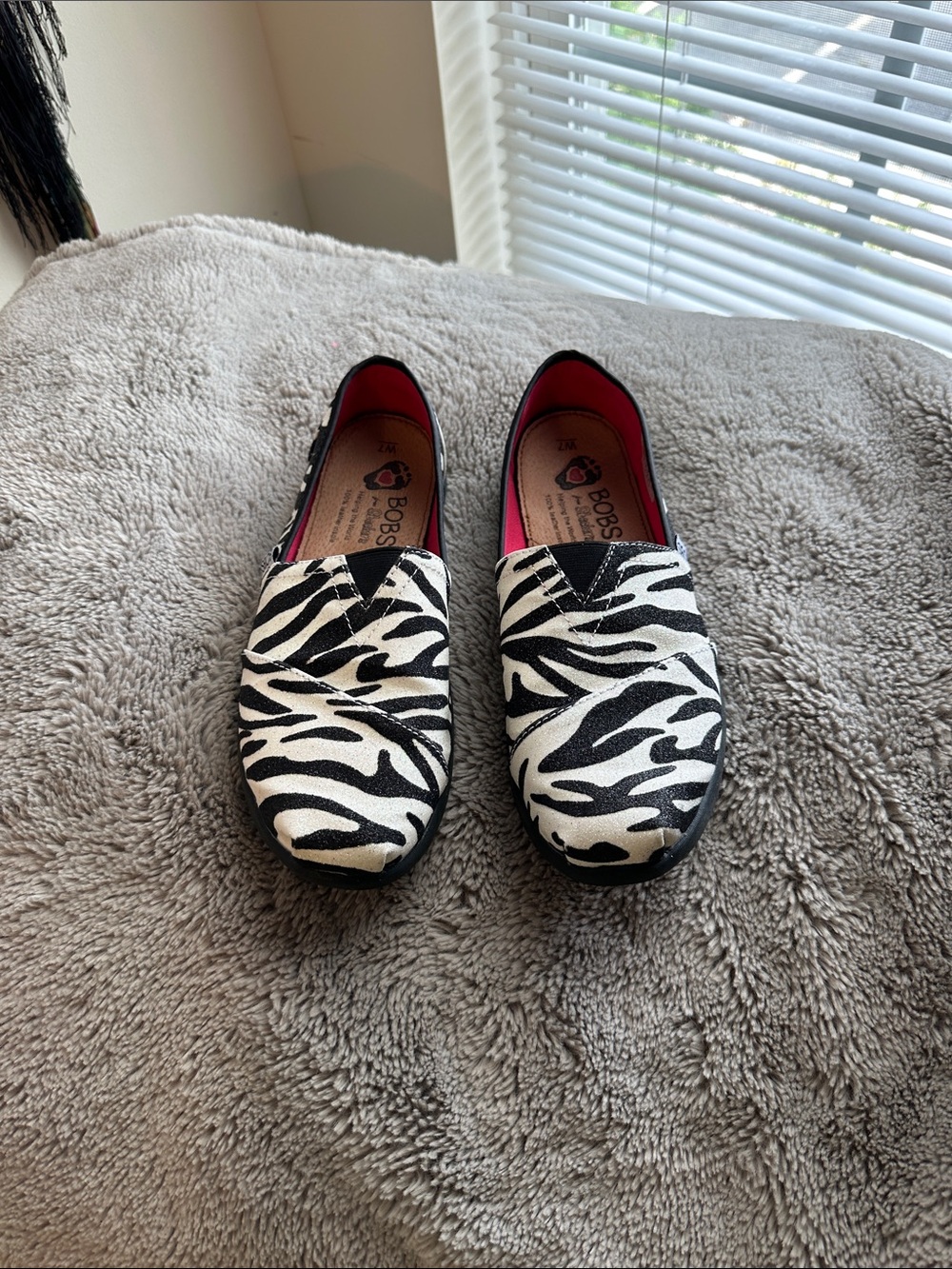 BOBS from Skechers Zebra Print Glitter Slip-On Flats in Black and White